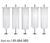 Blank white long mock up pennants flags  banners hanging on pole stand support realistic set vector illustration. Стоковая иллюстрация, агентство Ingram Publishing / Фотобанк Лори