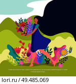 Spring flat design composition with barefooted girl with long black hair carrying flowers bouquet vector illustration. Стоковая иллюстрация, агентство Ingram Publishing / Фотобанк Лори