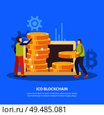 ICO initial coins offering flat symbols blue background poster with fund investors piling bitcoin tokens vector illustration. Стоковая иллюстрация, агентство Ingram Publishing / Фотобанк Лори