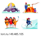 Mountaineering cartoon 4 designs concept square with alpine mountain climbers tent selfie on top isolated vector illustration. Стоковая иллюстрация, агентство Ingram Publishing / Фотобанк Лори