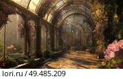 Grand glass conservatory filled with vibrant plants and golden architectural details. Стоковое AI-изображение, AI-художник Михаил Коханчиков / Фотобанк Лори