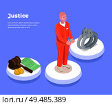 Law justice isometric background with icons judge symbols wristbands highly litigious prisoner and editable text description vector illustration. Стоковая иллюстрация, агентство Ingram Publishing / Фотобанк Лори