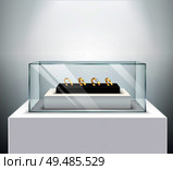 Gold exclusive diamond engagement wedding rings display in luxury jewelry shop spectaculair glass showcase realistic vector illustration. Стоковая иллюстрация, агентство Ingram Publishing / Фотобанк Лори