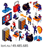 Isometric hacker set with isolated conceptual images with pictogram icons images of computer peripherals and people vector illustration. Стоковая иллюстрация, агентство Ingram Publishing / Фотобанк Лори