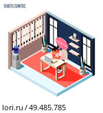 Diabetes isometric composition with young man sitting at desk with laptop and suffering from increased fatigue vector illustration. Стоковая иллюстрация, агентство Ingram Publishing / Фотобанк Лори