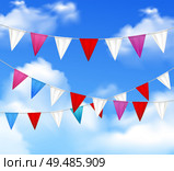 Decorative outdoor party slingers pennants red white pink against blue cloudy sky realistic closeup image vector illustration. Стоковая иллюстрация, агентство Ingram Publishing / Фотобанк Лори