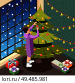 Christmas eve in cozy home interior isometric background with female person decorating holiday tree vector illustration. Стоковая иллюстрация, агентство Ingram Publishing / Фотобанк Лори