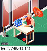 Diabetes isometric background with diseased women feeling strong thirst and drinks water vector illustration. Стоковая иллюстрация, агентство Ingram Publishing / Фотобанк Лори