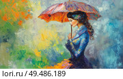 Elegant woman with an umbrella walking through a vibrant garden on a sunny day. Стоковое AI-изображение, AI-художник Михаил Коханчиков / Фотобанк Лори