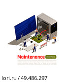 Maintenance isometric design concept with little technicians around big icon of disassembled system unit of broken computer vector illustration. Стоковая иллюстрация, агентство Ingram Publishing / Фотобанк Лори