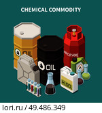 Commodity isometric composition with colourful images of oil and gas tanks canisters vials and glass tubes vector illustration. Стоковая иллюстрация, агентство Ingram Publishing / Фотобанк Лори