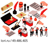 Isometric notary services set of isolated images with human characters thought bubbles and hands with pens vector illustration. Стоковая иллюстрация, агентство Ingram Publishing / Фотобанк Лори