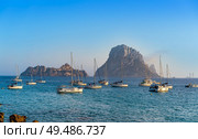 Ibiza cala d Hort with Es Vedra islet sunset in Sant Josep of Balearic Islands. Стоковое фото, агентство Ingram Publishing / Фотобанк Лори