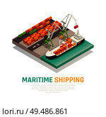Maritime shipping isometric composition  illustrating cargo loading to barge in seaport   vector illustration. Стоковая иллюстрация, агентство Ingram Publishing / Фотобанк Лори