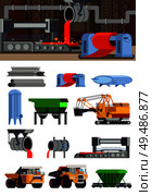Steel production foundry equipment machinery for ore mining and transportation set of flat icons isolated vector illustration. Стоковая иллюстрация, агентство Ingram Publishing / Фотобанк Лори