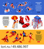 Beach lifeguards horizontal banners  illustrated lifeguard work equipment and rescue accessories isometric vector illustration. Стоковая иллюстрация, агентство Ingram Publishing / Фотобанк Лори