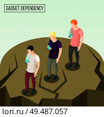 Gadget dependency isometric composition with going people going to edge of abyss looking at their smartphones vector illustration. Стоковая иллюстрация, агентство Ingram Publishing / Фотобанк Лори