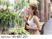 Middle-aged woman choosing greens in open-air greengrocery. Стоковое фото, фотограф Яков Филимонов / Фотобанк Лори