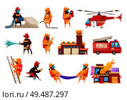 Fire department firefighter set with flat isolated images of fire extinguishing equipment vehicles and human characters vector illustration. Стоковая иллюстрация, агентство Ingram Publishing / Фотобанк Лори