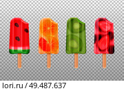 Bitten fruit popsicles ice cream realistic set of isolated fruity icecream stick images on transparent background vector illustration. Стоковая иллюстрация, агентство Ingram Publishing / Фотобанк Лори