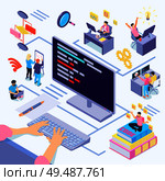 Software developers during coding composition with creative decisions algorithmic complexity documentation by programming languages isometric vector illustration. Стоковая иллюстрация, агентство Ingram Publishing / Фотобанк Лори