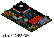 System plate for pc isometric vector illustration with semiconductor elements slots microchips capacitors diodes transistors. Стоковая иллюстрация, агентство Ingram Publishing / Фотобанк Лори