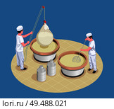 Cheese making isometric poster with two  manufacture workers kneading and checking fermentation process vector illustration. Стоковая иллюстрация, агентство Ingram Publishing / Фотобанк Лори