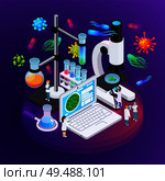 Microbiology isometric poster illustrated equipment of science laboratory for research of bacteria and virus structures vector illustration. Стоковая иллюстрация, агентство Ingram Publishing / Фотобанк Лори