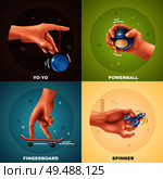 Hand games realistic design concept with yoyo fingerboard powerball and spinner isolated on colorful background vector illustration. Стоковая иллюстрация, агентство Ingram Publishing / Фотобанк Лори