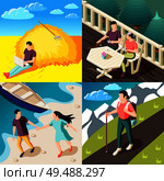 Downshifting escaping stress concept 4  isometric compositions with people enjoying nature traveling working relaxing outdoor vector illustration. Стоковая иллюстрация, агентство Ingram Publishing / Фотобанк Лори