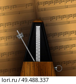Vintage swinging metronome on page of music notebook background realistic vector illustration. Стоковая иллюстрация, агентство Ingram Publishing / Фотобанк Лори