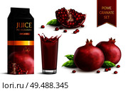 Ripe dark red pomegranates whole segments scattered seeds juice package and glass realistic images set vector illustration. Стоковая иллюстрация, агентство Ingram Publishing / Фотобанк Лори