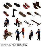 Isometric shoemaker set with various models of shoes for men and women with human characters vector illustration. Стоковая иллюстрация, агентство Ingram Publishing / Фотобанк Лори