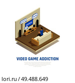 Internet smartphone gadget addiction isometric composition with view of living room with person playing video games vector illustration. Isometric Videogame Addiction Background . Стоковая иллюстрация, агентство Ingram Publishing / Фотобанк Лори