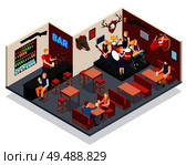 Bar with live music isometric composition with singer and musicians drummer guitarist keyboard player vector illustration. Стоковая иллюстрация, агентство Ingram Publishing / Фотобанк Лори