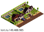 Suburbian buildings isometric composition with outdoor view of two neighbourhood areas with villas and residential yards vector illustration. Стоковая иллюстрация, агентство Ingram Publishing / Фотобанк Лори