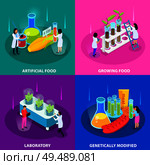 Artificial foods isometric design concept with growing vegetables in laboratory and genetically modified products isolated vector illustration. Стоковая иллюстрация, агентство Ingram Publishing / Фотобанк Лори
