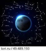 Universe zodiac signs constellations circle with big reflecting light planet center against starry background poster vector illustration. Стоковая иллюстрация, агентство Ingram Publishing / Фотобанк Лори