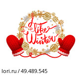 I like winter poster with wreath made of snowflakes, knitted gloves in red and white color. Woolen mittens realistic outfit gauntlet, warm wintertime accessory. I Like Winter, Wreath Made of Snowflakes, Gloves. Стоковая иллюстрация, агентство Ingram Publishing / Фотобанк Лори