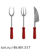 BBQ barbecue cutlery icons set vector for roasting meat on grille. Barbeque knife forks types with prongs. Utensils dishware for picnic and cookout. BBQ Barbecue Cutlery Icons Set Vector Illustration. Стоковая иллюстрация, агентство Ingram Publishing / Фотобанк Лори