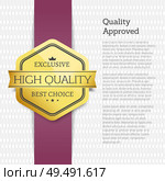 Quality approved label golden poster. Text sample and headline with best high level of trust. Recommended brand great choice, vector illustration. Quality Approved Label Poster Vector Illustration. Стоковая иллюстрация, агентство Ingram Publishing / Фотобанк Лори
