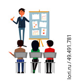 Business seminar of boss with workers, plan presentation vector. Employees listen to leader, analyst showing statistics on whiteboard. Director chief. Business Seminar. Boss with Workers, Presentation. Стоковая иллюстрация, агентство Ingram Publishing / Фотобанк Лори