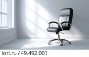 Modern office chair in an empty bright room with sunlight streaming in. Современное офисное кресло в пустой светлой комнате, куда проникает солнечный свет. Стоковое AI-изображение, AI-художник Katsiaryna Repich / Фотобанк Лори