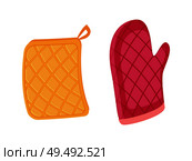 Potholder and oven mitt isolated icons set vector. Protective fabric tissue cloth with square pattern. Gloves protecting form burns cooking mitten. Potholder and Oven Mitt Set Vector Illustration. Стоковая иллюстрация, агентство Ingram Publishing / Фотобанк Лори