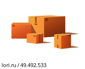 Fragile packs, closed packages with adhesive tape, post office crates, stockpile storage stacks. Cardboard boxes of big and small size isolated vector.. Fragile Packs, Closed Packages with Adhesive Tape. Стоковая иллюстрация, агентство Ingram Publishing / Фотобанк Лори