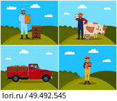 Farmer with milk dairy products set. Beekeeping on field, man tending cattle cow. Woman holding small piglet in hands, breeding of livestock vector. Farmer with Milk Products Set Vector Illustration. Стоковая иллюстрация, агентство Ingram Publishing / Фотобанк Лори