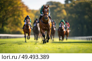 A horse race with jockeys on the horses. Стоковое AI-изображение, AI-художник Ярославский Максим / Фотобанк Лори