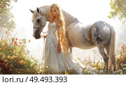 A woman in a white dress is standing next to a white horse. Стоковое AI-изображение, AI-художник Ярославский Максим / Фотобанк Лори