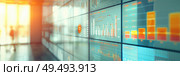Data monitors display financial charts and graphs while blurred figures analyze them in the background. Стоковое AI-изображение, AI-художник Данила Большаков / Фотобанк Лори