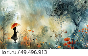 A painting depicting a woman standing in the rain, holding an umbrella to shield herself. The raindrops fall around her as she bravely faces the storm. Стоковое AI-изображение, AI-художник Данила Большаков / Фотобанк Лори